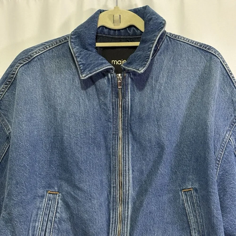 Maje Women’s Denim Bubble Hem Jacket Size 2 (US M) Blue Jean Zip Up NWT